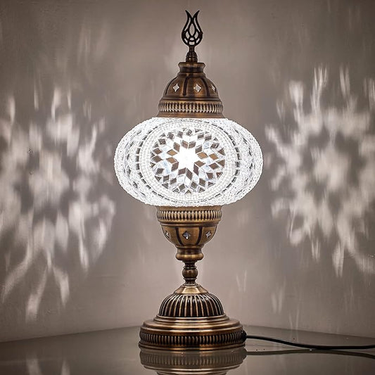 DEMMEX – 7" Large Globe Turkish Moroccan Mosaic Table Lamp, Handcrafted Tiffany-Style Colorful Glass Bedside, Desk & Table Light, Artisan Decor for Living Room or Bedroom, 14" H (White&Clear)