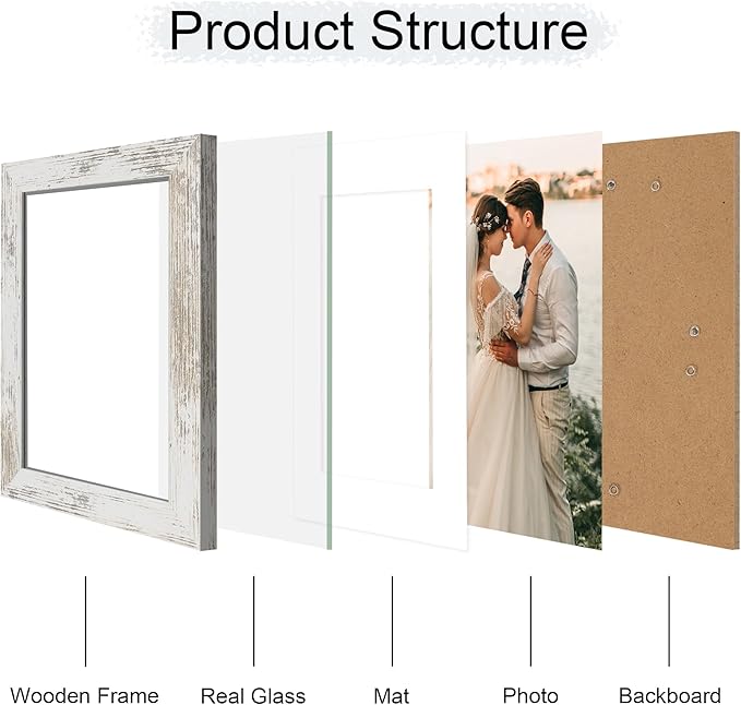 iRahmen 6x8 Picture Frame with Mat 4x6 - High Definition Real Glass Wooden Photo Frames for Tabletop Display and Wall Mounting (Distressed-White, Set of 2)