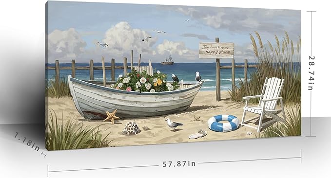 Extra Large Coastal Living Room Wall Art, Featuring A Printed Seaside Landscape, Boats, Beach Chairs, Seagulls, And Natural Wall Decor. A Modern Coastal Artwork For Bedrooms, Dining Rooms, Entryways, And Lounges. 58X29 Inches.