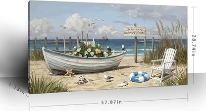 Extra Large Coastal Living Room Wall Art, Featuring A Printed Seaside Landscape, Boats, Beach Chairs, Seagulls, And Natural Wall Decor. A Modern Coastal Artwork For Bedrooms, Dining Rooms, Entryways, And Lounges. 58X29 Inches.