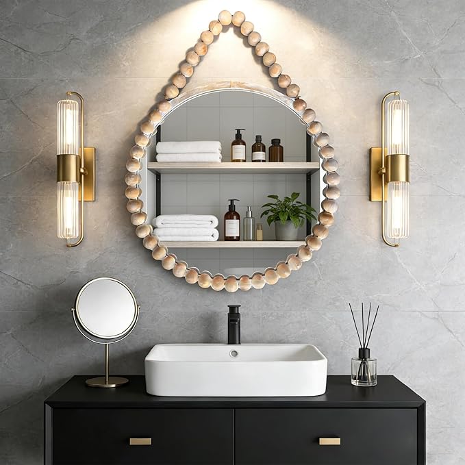 POZINO Wood Beaded Round Wall Mirror, 24" Farmhouse Hanging Rustic Mirror with Rope, Spherical Frame for Bathroom Bedroom Living Room Hallway Entryway Fireplace
