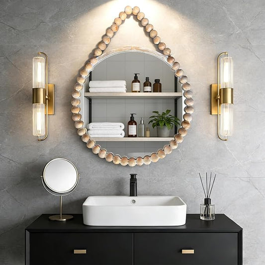 POZINO Wood Beaded Round Wall Mirror, 24" Farmhouse Hanging Rustic Mirror with Rope, Spherical Frame for Bathroom Bedroom Living Room Hallway Entryway Fireplace