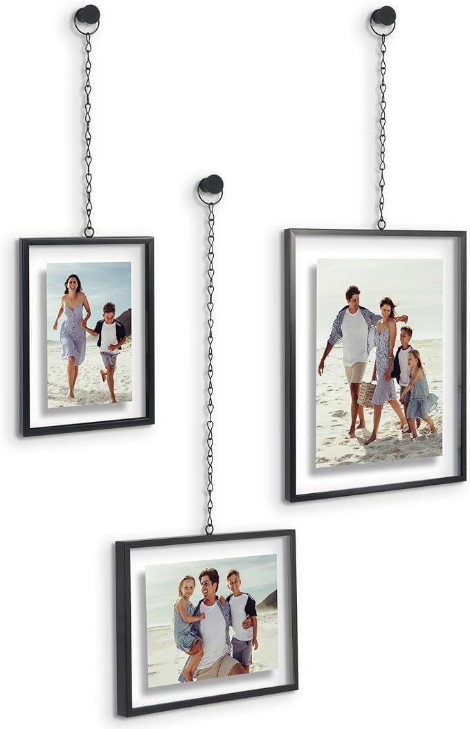 Americanflat Metal Floating Frame with Chain - Set of 3 - Use as 8x10, 5x7 or 4x6 Frame - Pressed Flower Display for Wall Decor - Elegant Black Molding with Shatter-Resistant Glass