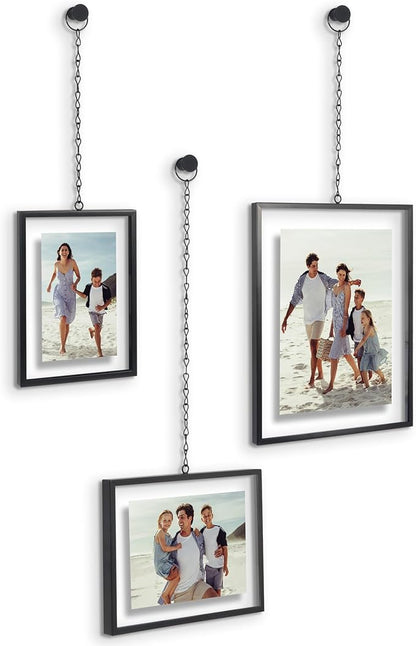 Americanflat Metal Floating Frame with Chain - Set of 3 - Use as 8x10, 5x7 or 4x6 Frame - Pressed Flower Display for Wall Decor - Elegant Black Molding with Shatter-Resistant Glass