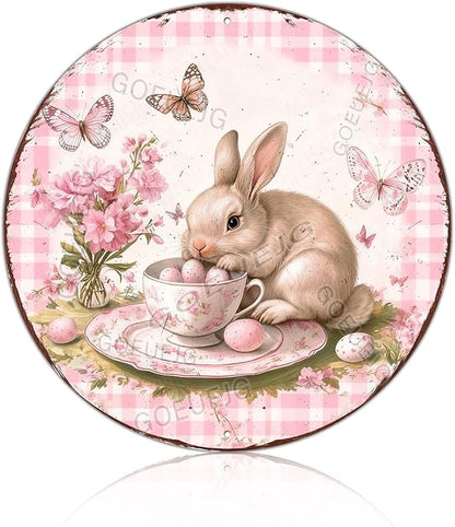 Easter Bunny in a Tea Cup Wreath Metal Sign Rustic Farmhouse Design Floral Spring Decor For Front Door Wall Art 12X12Inch