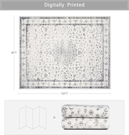 Srugn Washable Rugs 8x10 Area Rugs for Living Room,Rugs for Bedroom,Large Carpets,Ultra Soft Faux Wool Retro Dining Room Rug,Non Slip&Non-Shedding Low Pile Vintage Print Rug for Home Office-Grey