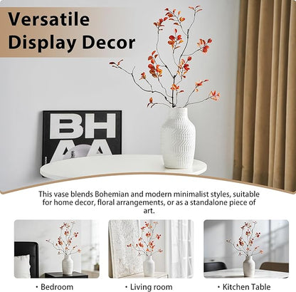 Boho White Ceramic Vase, 8.7" Textured Flower Vase for Home Decor, Minimalist Table Centerpiece for Living Room, Office, Bedroom (White Vase)