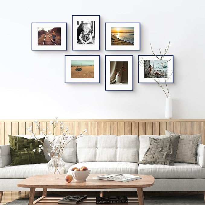 Golden State Art 11x14 Picture Frame 6 Pack - Navy Blue Aluminum Photo Frames With 8x10 Mats and Real Glass Cover - Elegant Minimalist Wall Gallery Frames for Home or Office Decor