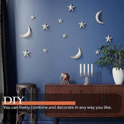MidModArt 6PCS Mid Century Modern 3D Star Wall Art Gold Retro Starburst Sculptures Vintage Celestial Home Decor, Silver Moon