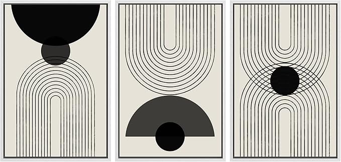 SIGNLEADER Framed Canvas Print Wall Art Black Semi-Circle an Line Parabola Abstract Shapes Illustrations Modern Art Minimalist Edgy Black and White for Living Room, Bedroom, Office - 24"x36"x3 WHITE