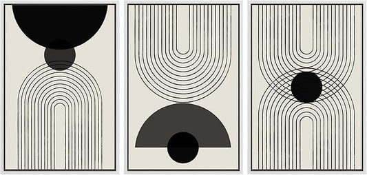 SIGNLEADER Framed Canvas Print Wall Art Black Semi-Circle an Line Parabola Abstract Shapes Illustrations Modern Art Minimalist Edgy Black and White for Living Room, Bedroom, Office - 24"x36"x3 WHITE
