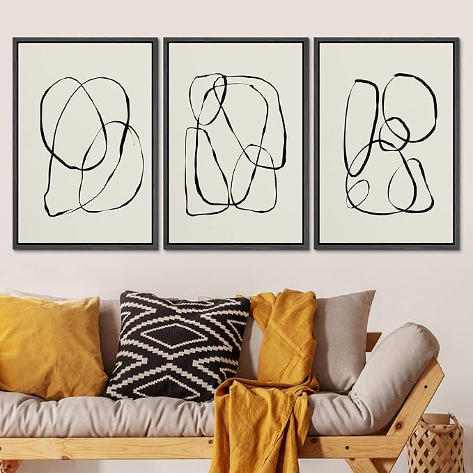 SIGNLEADER Framed Canvas Print Wall Art Set Duotone Geometric Spiral Ring Circle Collage Abstract Shapes Illustrations Modern Art Boho Decorative for Living Room, Bedroom, Office - 24"x36"x3 BLACK