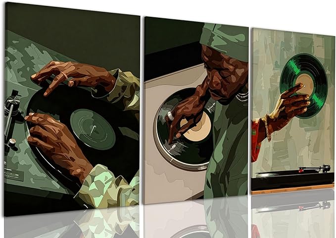 AOYUSMO 3 Piece African American Wall Art Black Men Wall Decor Record Canvas Art Fashion Music Pictures Music Studio Paintings Modern Trendy Artwork For Living Room Bedroom