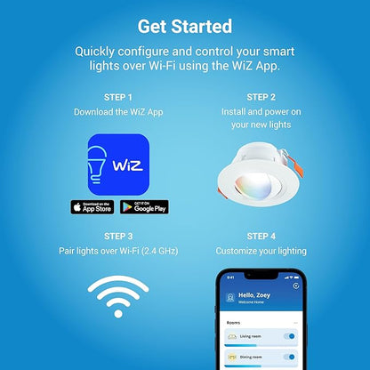 HALO 6 in Smart Wi-Fi Canless LED Recessed Downlight Connected by WiZ Pro with Adjustable Gimbal, Dimmable Full Color Changing, SpaceSense Motion Detection, Smart Home Compatible - RAWZC610