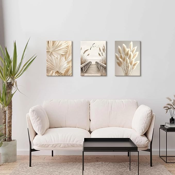 3 Pcs Beige Reeds Botanical Framed Canvas Wall Art Neutral Palm Fronds Wall Paintings Quiet Beach Landscapes Art Prints Picture Home Decor for Bedroom Living Room Office Reay to Hang 12"x16"x3Pcs