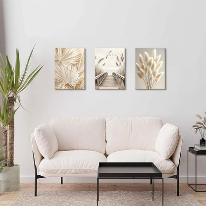 3 Pcs Beige Reeds Botanical Framed Canvas Wall Art Neutral Palm Fronds Wall Paintings Quiet Beach Landscapes Art Prints Picture Home Decor for Bedroom Living Room Office Reay to Hang 12"x16"x3Pcs