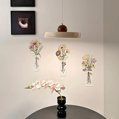 Iron Metal Vase Flower Wall Art Set of 3 - Minimalist Black Floral Decor for Living Room Bedroom Kitchen, Office Garden - Modern Farmhouse Home Decor & Housewarming Gifts (Yellow-Brown)