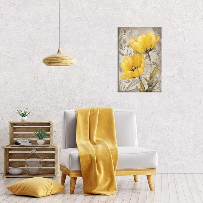 Wall HDQ Yellow Tulip Wall Art for Bathroom Office Home Decor Flowers Pictures Canvas Prints Framed Ready to Hang