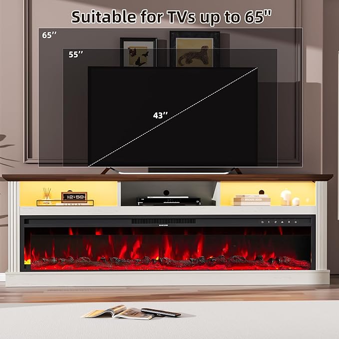 58" Fireplace TV Stand, TV Stand with 52" Fireplace, LED Light Entertainment Center with Storage Cabinets, Modern Media TV Console TV Table for Living Room, White