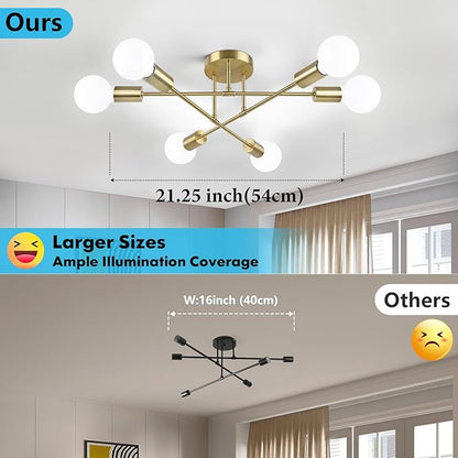 Modern Sputnik Chandelier 6-Light Industrial Ceiling Lights Fixture 22" Gold Semi Flush Mount Ceiling Light with E26 Base Sputnik Lights Fixture for Dining Room Bedroom Foyer Hallway Living Room