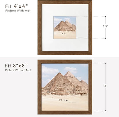 8x8 Picture Frames, Solid Oak Wood 8x8 photo Frame with Mat to 4x4, 8 x 8 Picture Frames for Wall and Tabletop Display, Natural Oak Frame, (Walnut Set of 3)