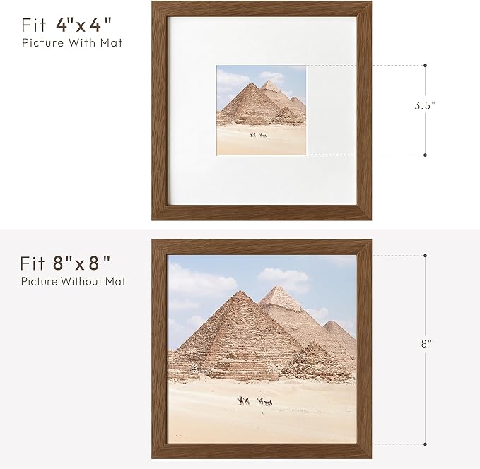 8x8 Picture Frames, Solid Oak Wood 8x8 photo Frame with Mat to 4x4(Openning Size is 3.5x3.5), Natural Oak 8x8 Picture Frames for Wall and Tabletop Display, (Walnut Set of 1)