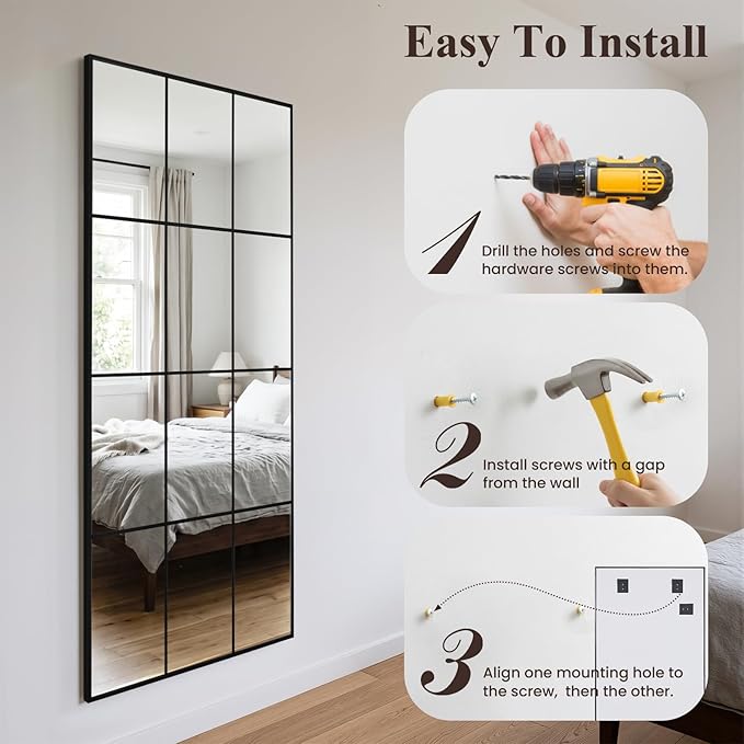 Anpark Windowpane Mirror Full Length 65"x24" Art Pane Wall Mirror Farmhouse Decorative Leaning Hanging Wall Mounted for Bedroom Living Room Entrance