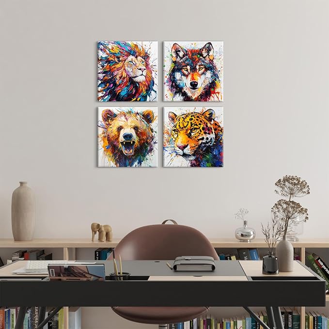 Animal Canvas Wall Art Boys Room Decor Abstract Colourful Lion Wolf Bear Tiger Pictures Kids Bedroom Watercolor Graffiti Animals Posters Nursery Paintings Toddler Artwork Framed Decorations 12x12”4Pcs