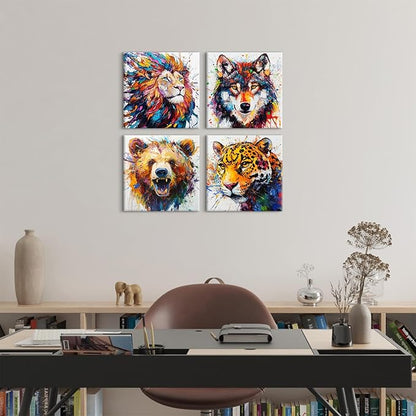 Animal Canvas Wall Art Boys Room Decor Abstract Colourful Lion Wolf Bear Tiger Pictures Kids Bedroom Watercolor Graffiti Animals Posters Nursery Paintings Toddler Artwork Framed Decorations 12x12”4Pcs