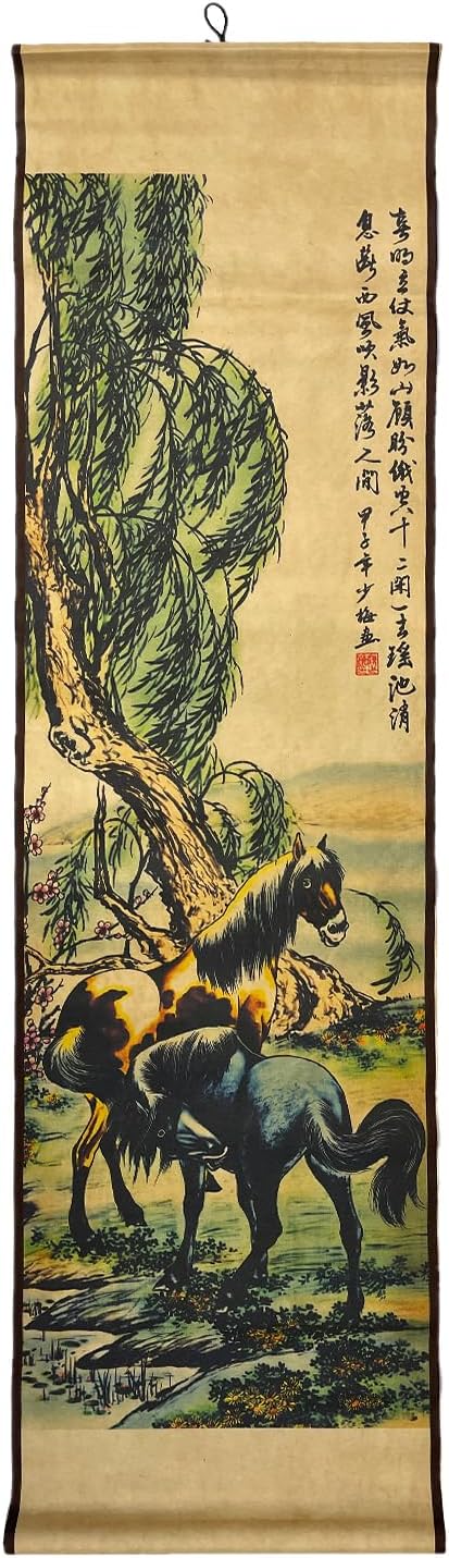 4 Panels Watercolor Horse Scroll Painting for Living Room Farmhouse Large Wall Hanging Decor, 8 Horses Animal,56.8x49 Inches