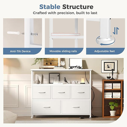 DUMOS TV Stand, Dresser with 5 Fabric Storage Drawers, Media Console Featuring Open Shelf, Fabric Storage Cabinet with Charging Station, Compact Entertainment Unit for Bedroom, Living Room, White