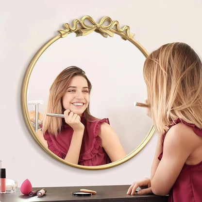 Besdomus Vintage Gold Mirror: 27" Bow Round Wall Mounted Mirror - Baroque Traditional Ornate for Entryway/Fireplace/Bathroom/Hallway - Home Decor for Fashion-Conscious