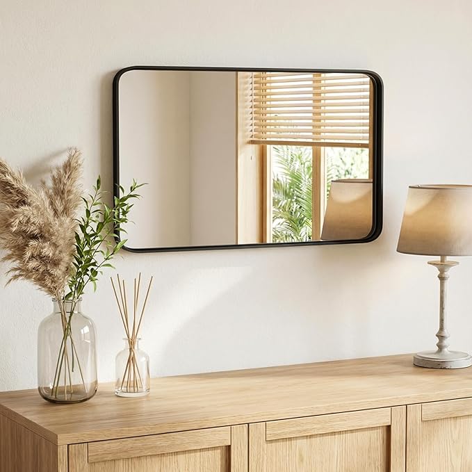 OLIXIS Bathroom Mirror for Over Sink, 36x24 Inch Wall Rounded Rectangle Mirror with Matte Metal Framed, Modern Wall Mount Vanity Mirror for Home Decor, Living Room, Bedroom, Black