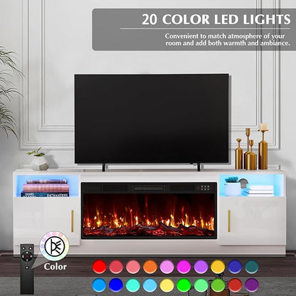Lemberi Fireplace TV Stand with 36" Electric Fireplace, Fits TVs Up to 80", 70" LED Lit Entertainment Center, Modern High Gloss Wood with Spacious Storage Cabinet for Living Room, White
