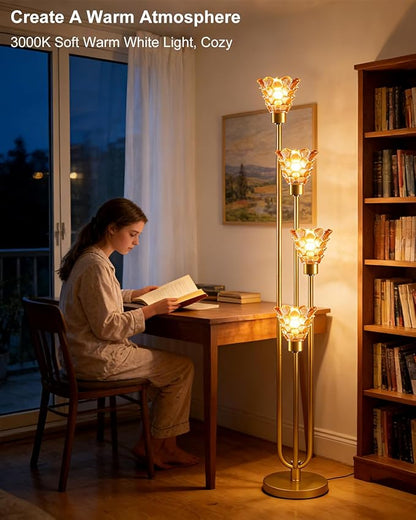 63IN 4-Lights Glass Floor Lamp Modern Dimmable Floor Lamps with Amber Glass Shade& Warm White Bulbs for Wedding/Party, Gold Tall Standing Lamp with 5Lbs Heavy Base for Living Room/Bedroom