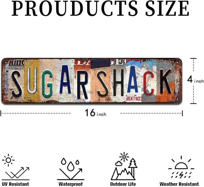 Vintage "Sugar Shack" Metal Tin Sign - Retro Rustic Wall Art for Kitchen, Farmhouse, Café, Cabin Décor - 4x16 Inch