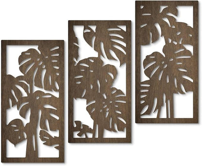 Putuo Decor 3-Piece Tropical Leaf Wood Wall Art Set, Palm Leaf Wall Hanging Decor for Bedroom Living Room Bathroom Balcony Decor