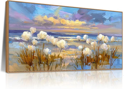 BQVCT Coastal Beach Scene Canvas Wall Art 24x48 Inch with Frame White Flowers and Ocean Sunset Painting Nautical Nature Decor for Living Room Bedroom Office