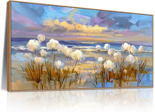 BQVCT Coastal Beach Scene Canvas Wall Art 24x48 Inch with Frame White Flowers and Ocean Sunset Painting Nautical Nature Decor for Living Room Bedroom Office