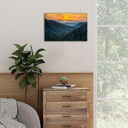 SKASNFAI Forest Sunrise Wall Art Decor Great Smoky Mountains Photo Prints National Park Landscape Canvas Painting Artwork Framed for Bedroom Living Room (20x30 inch)