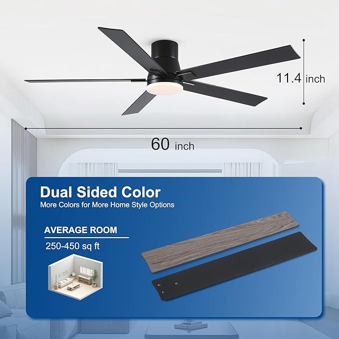 60 Inch Ceiling Fans with Lights and Remote,Flush Mount Black Ceiling Fan with 5 Blades,6 Speed Reversible DC Motor,3CCT Dimmable LED-Low Profile Design for Bedroom, Living room & Covered Outdoor