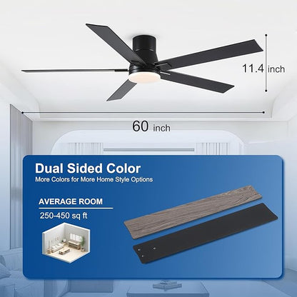60 Inch Ceiling Fans with Lights and Remote,Flush Mount Black Ceiling Fan with 5 Blades,6 Speed Reversible DC Motor,3CCT Dimmable LED-Low Profile Design for Bedroom, Living room & Covered Outdoor