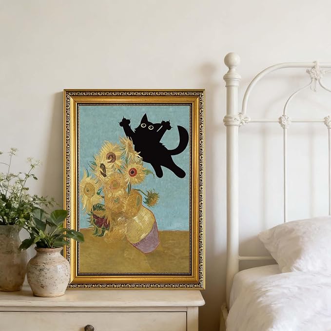 YD&YZY Gold Framed Funny Cat Wall Art Canvas Vintage Black Cat Wall Decor Van Gogh Sunflower Cute Animal Room Aesthetic Print Painting Picture Poster For Home Bedroom Dorm 16x24 inch Framed