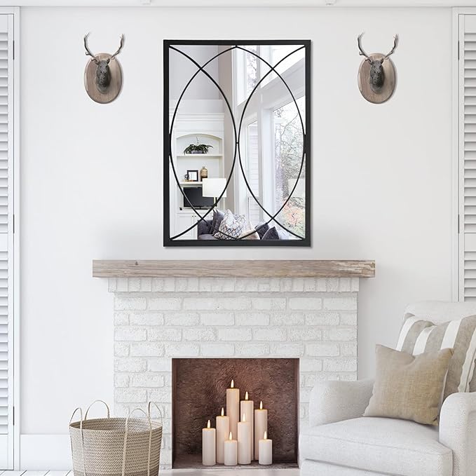 HQiJun Black Rectangle Wall Mirror, Farmhouse Decorative Mirror for Entryway, Living Room, Dining Room,Bedroom, Hallway, Fireplace, Accent Wall Decor (Black2, 34'' x 24'')