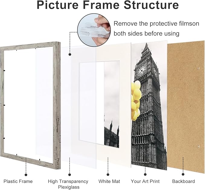 BSRHOMR 12x16 Picture Frame with Mat, Distressed Gray Photo Frame 6 Pack with 11 x 14 Mat, Display Table Top or Wall Mount for Home Decor
