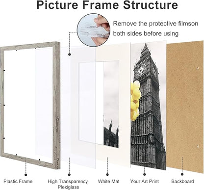 Picture Frames 11x14 Set of 6, Distressed Grey Photo Frame, Display Pictures 8x10 with Mat or 11x14 Without Mat, Washed Farmhouse Frame