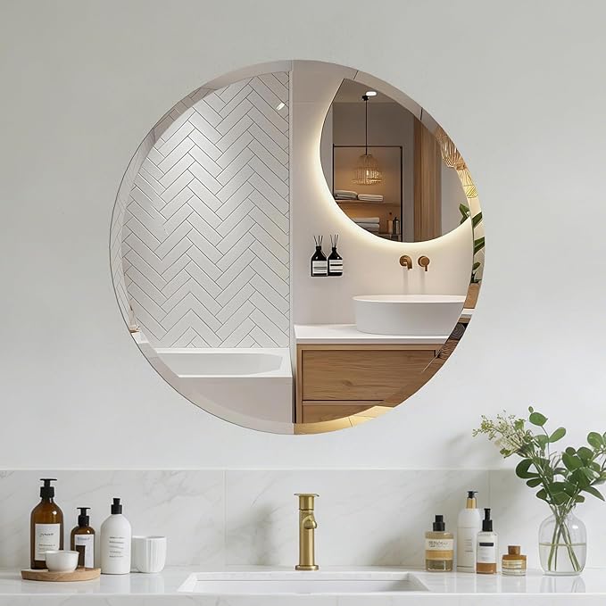 Round Bathroom Mirror, 28 inch Round Frameless Mirror,Frameless Bathroom Mirror, Suitable for Bathroom, Hall, Entry, Modern and Elegant Look (28inch)