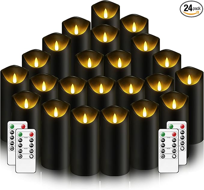 Nimiko Flameless Candles with Remote, Battery Operated Flickering Flameless Candles, LED Candles with Timer 2/4/6/8H, with Realistic LED Candles Set of 24 (D2.2 x H 5" 6" 7") (Black)