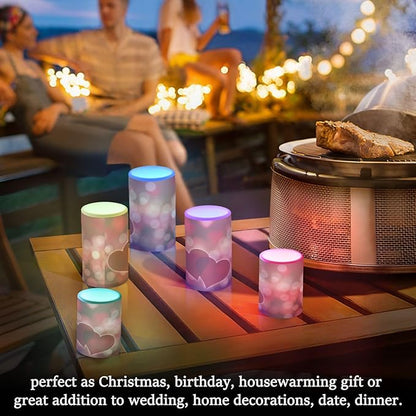 Valentines Lights Flameless Candles Valentines Hearts Bokeh Effect Pillar Candles Set of 2 Battery Operated Remote Control Warm Lights Home Decor