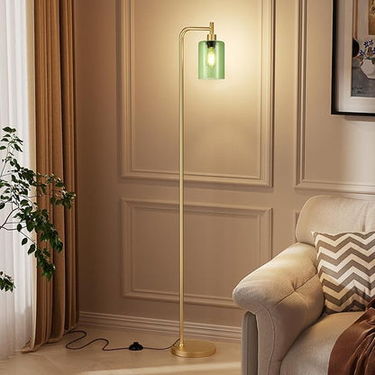 Ziisee Floor Lamps for Living Room - Industrial Standing Lamp with Green Glass Shade, Modern Gold Floor Lamp with LED Bulbs, Farmhouse Floor Lamp for Bedroom, Tall Lamp for Office
